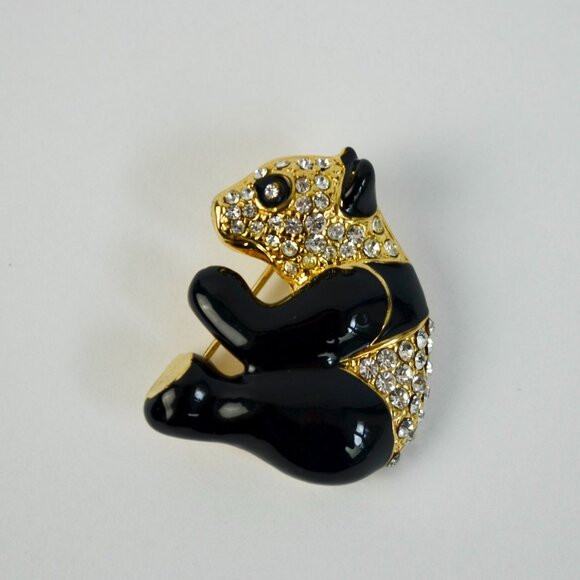 Vintage Black Enameled Gold Toned CZ Stone Brooch - Picture 1 of 2